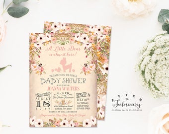 Woodland Baby Shower Invitation, Floral Deer Baby Shower Invite, Animal Deer Baby Shower Invitation Girl , Printable OR Printed No.1096BABY