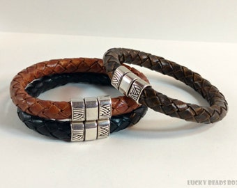 Leather bracelet mens bracelet braided leather bracelet mens leather bracelet bolo bracelet brown leather pressure clasp RLB8-01-07