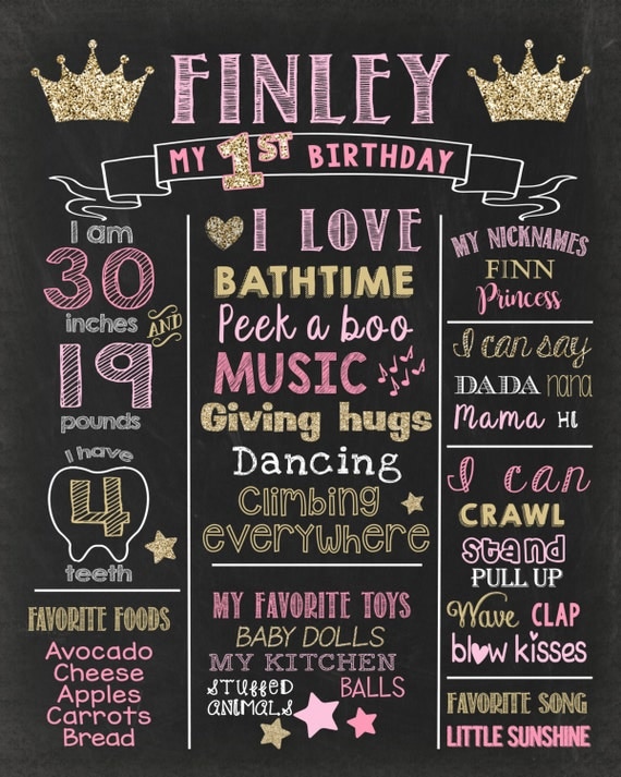 Princess First Birthday Chalkboard Girl Crown Pink and gold