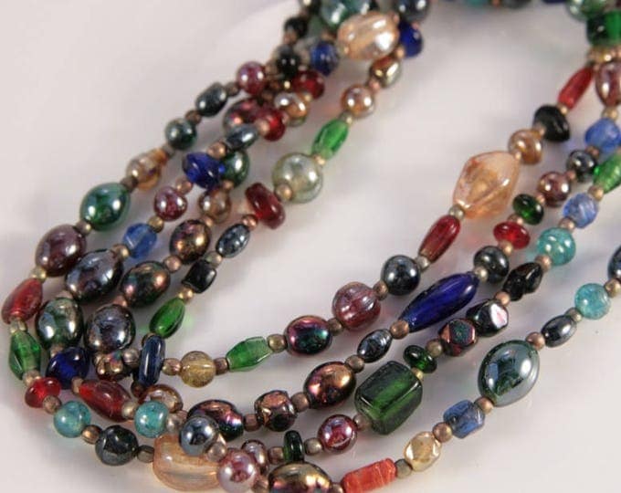 Blown Glass Necklace Bright Rainbow Beaded Necklace Venetian Murano Glass Vintage Expensive Gift Woman Extreme Long Beads Green Blue Red
