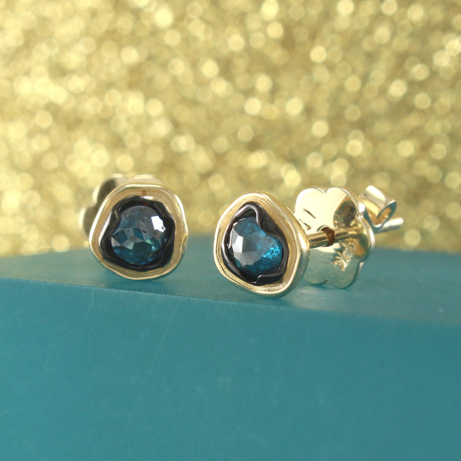 Blue Diamond Stud Earrings 14K Gold Simple Studs Diamond