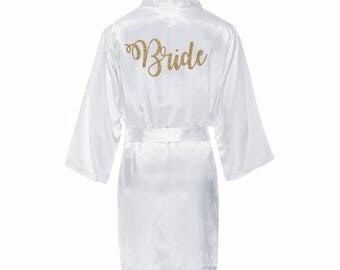 Satin Bridal Robe with gold glitter, Satin Bride Robe, White satin bride robe, gold glitter bride robe, wedding day robe, bridal kimono robe