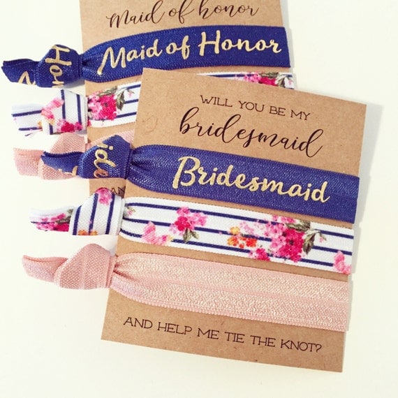 Bridesmaid Proposal Hair Tie Gifts Navy Blue Gold Blush