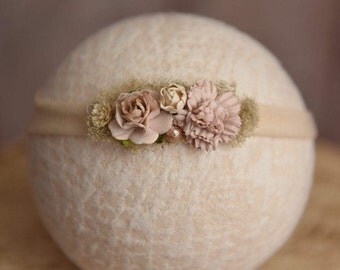 Baby Headband Tieback, Newborn Tieback, Newborn Headband, Neutral Flowered Jersey Headband Tieback,Photo Prop, Ready to ship
