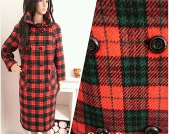 Vintage 60s Red Checked Double Breasted Wool Pea Coat Boho Mod Beatnik / UK 14 16 / EU 42 44