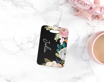 Floral Luggage Tag, Personalized Luggage Tag, Monogram Luggage Tag, Black Luggage Tag, Diaper Bag Tag, Gym Bag Tag, Floral Bag Tag