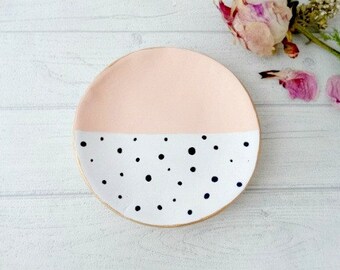 Peach White Clay Ring Dish, Trinket Dish, Jewelry Dish, Pastel Decor, Gift for Her, Black & White Polka Dot, Gifts For Women, Peach Decor