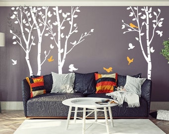 Birch tree wall decals Large tree and birds wall sticker White birch forest wall mural Flying birds wall decal Nursery tree wall decal-1