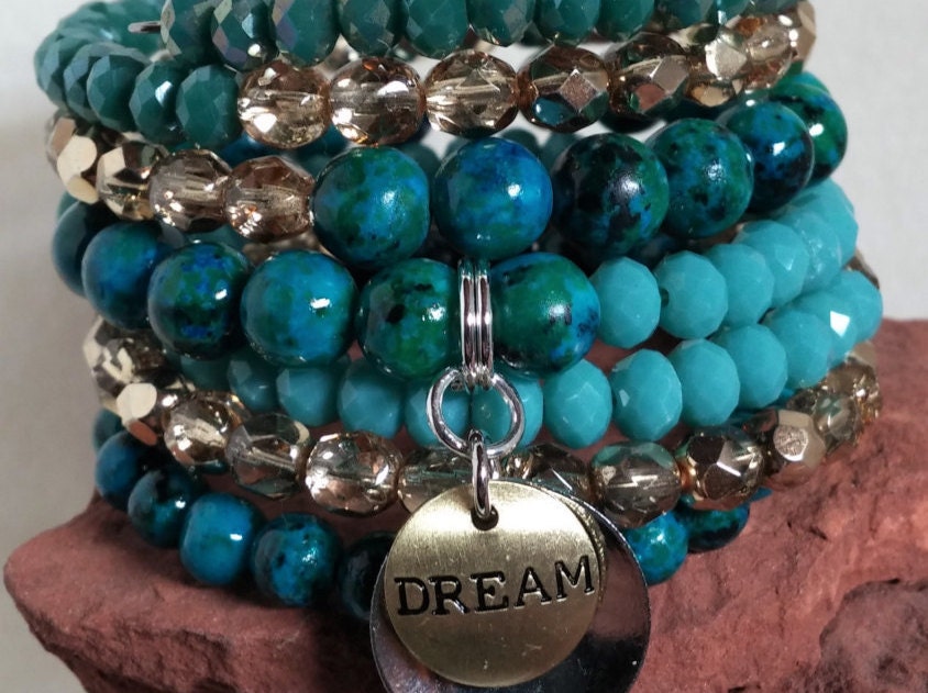 Teal and Gold Bohemian bracelet dream charm teal wrap