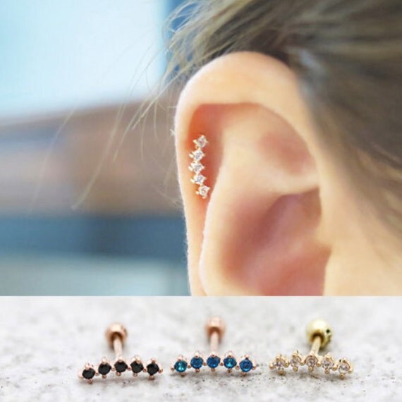 CZ Bar Earring/Piercing/14K solid gold piercing/Tragus