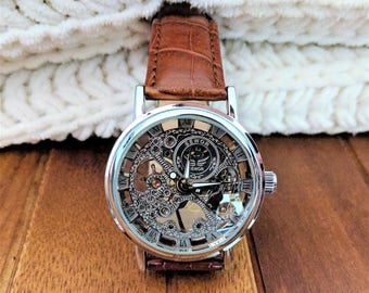 Mechanical wristwatch, mens leather band watch, steampunk watch, wrist watch, skeleton watch, watch movement, best man gift, boyfriend gift