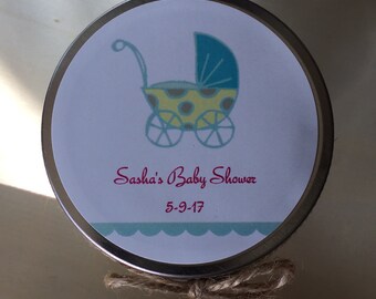 Set of 12- 4oz Personalized Mason Jar Soy Candle//Baby shower//Party favors//Baby Shower Favor//Baby on the way//Baby stroller//