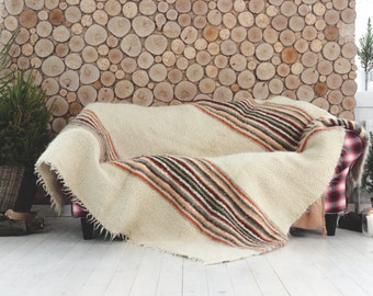 White wool blanket king, Sofa throw, Striped throw, Wool throw blanket, Natural Winter Coverlet, White Woolbedding, Wedding Gift Warm Throw