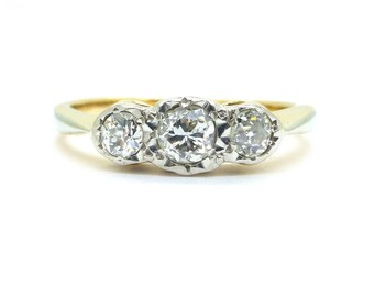 Edwardian Diamond trilogy engagement ring Antique 9ct/9K Platinum 3 three stone 0.40ct 1910-20's Classic Vintage English proposal*FREE SHIP