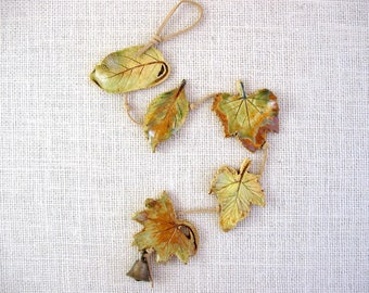 Mini Clay Leaves Wall Hanging (5 leaves) - Made with Real Leaves - Small Decorative Leaf String - Tiny Leaves - Plant Lover or Gardner Gift
