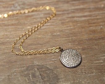 Pave Diamond Sterling Silver Disc Necklace, Mixed Metals, Gold Filled, Rose Gold Filled, Oxidized Sterling Silver, Genuine Diamonds,