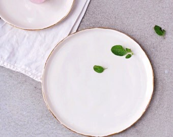 Pottery dinner plates, white plates, ceramic dinner plate, pottery plates, porcelain dinnerware, serving dish, gold plate, wedding gifts