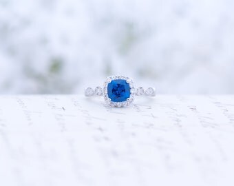 SALE - Blue Sapphire Engagement Ring - Cushion Cut Ring - Art Deco Ring - Halo Engagement Ring - Wedding Ring - Sterling Silver
