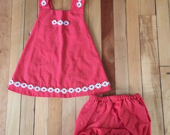 Vintage 1980s Girls Red Polka Dot Floral Summer Pinafore Bloomers Set Outfit! Size 2