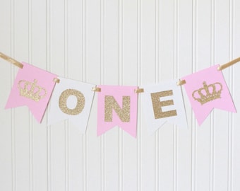 Princess Crown Gold & Pink, white ONE High Chair Banner Happy Birthday /Pink Ombre Royal Birthday/ Princess tiara Party/ Decor/1st birthday