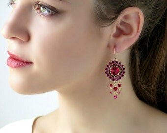 Boho earrings, Red earrings, Statement earrings, Swarovski crystal earrings, Chandelier earrings gold, Red dangle earrings, Gift for wife