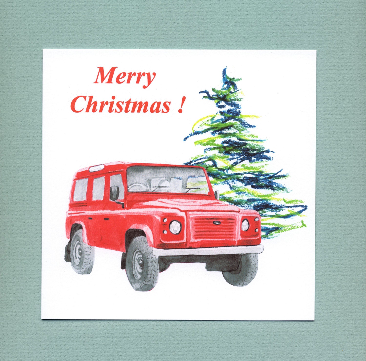 Land Rover Defender Christmas card red classic car Christmas