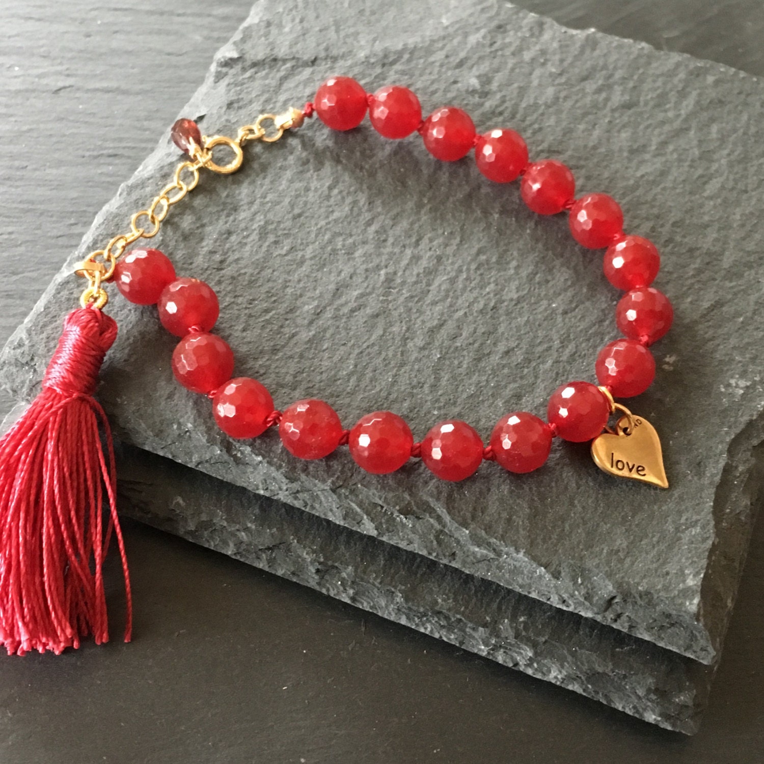 Red Jade Bracelet 14k Gold Fill Gemstone Jewelry Heart