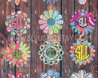 Lilly Pulitzer inspired flower monogram decal 1, monogram sticker, circle monogram,yeti cooler monogram decal, laptop decal, Car decal.