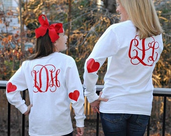 Valentine Shirt, monogram valentine tee, Glitter, Initials, heart elbows, personalized valentine shirt, simply, southern long sleeve