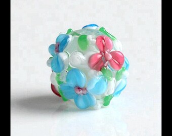 24 MM Murano Lampwork Beads- Blue With Red Floral Lampwork Beads- Glass Beads,All By Hand (HZ091)