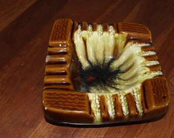 SOLD!!! Mid Century Ceramic Brown and Chartreuse Ashtray