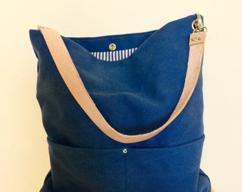Blue Hobo bag, Canvas hobo bag, diaper bag , beach bag with Real Leather Strap