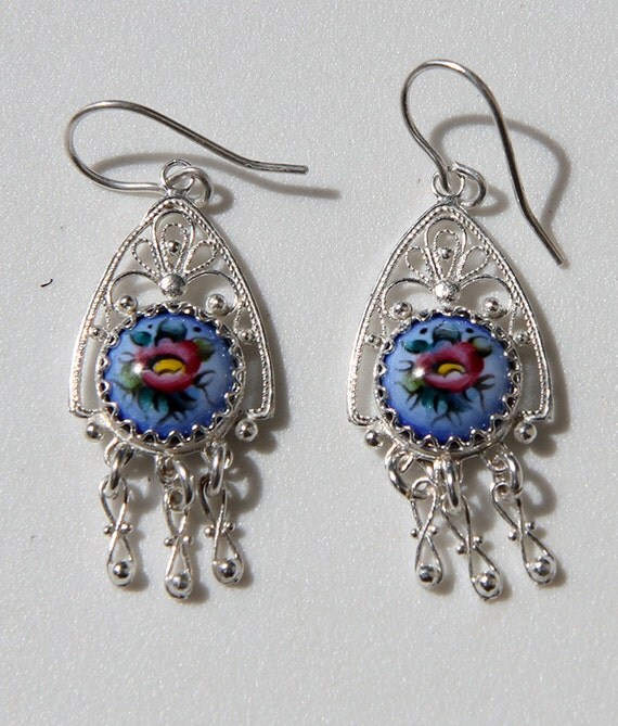 Russian earrings Finift Rostov Kokoshnik enamel