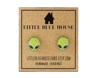 Green Alien Stud Earrings Alien Jewelry Accessories Hypoallergenic Earrings Alien Head Earrings Grunge 90's Gift Idea