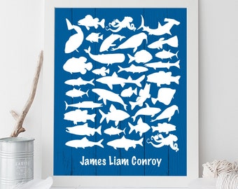 Nautical Baby Shower Guest Book Alternative / Blue Nautical Guest Book, Fish, Octopus, Whales, Sharks▷ Printable File {or} Printed & Shipped