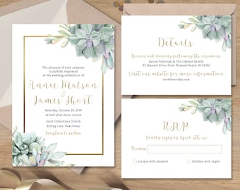 Succulent Wedding Invitation Set / Greenery and Gold Geometric / Green Cactus and Gold Calligraphy ▷ Printable Files {or} Printed & Shipped