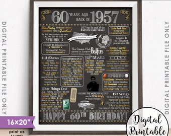 60th Birthday Gift 1957 Poster, 16x20” Chalkboard Style Instant Download Printable File, Flashback 60 Years Ago USA Born in 1957 60th B-day