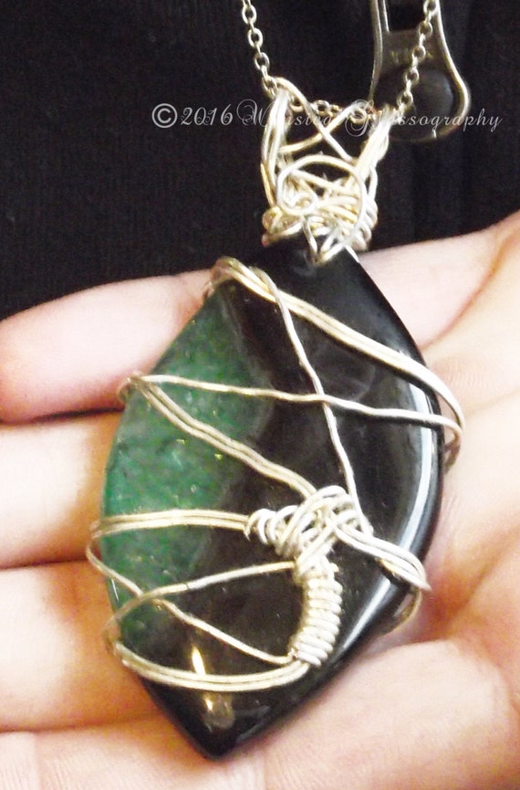 Silver Wire Wrapped Onyx Druzy Green and Black Marquee Shaped