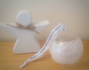 Memorial Ornaments, Personalised glass angel feather bauble in loving memory
