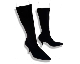 90s velvet witch pointy toe stretchy knee high sock boots