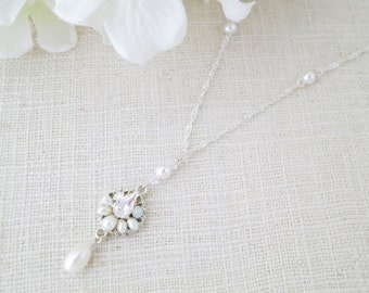 Swarovski crystal and pearl pendant necklace, Long delicate wedding necklace, Freshwater pearl bridal necklace