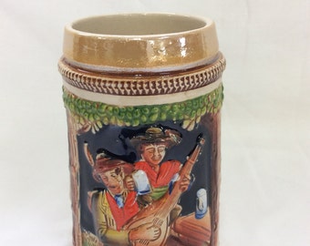 German beer mug, Original King 4, Western Germany, 1/4 Pint, 2 Drunks and a mandolin, Countryside scene, Imp D' Allemange