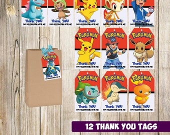 12 Pokemon Thank you Tags instant download, Printable Pokemon Thank you tags, Pokemon Party Gift Favor Label Tag, Pokemon printable