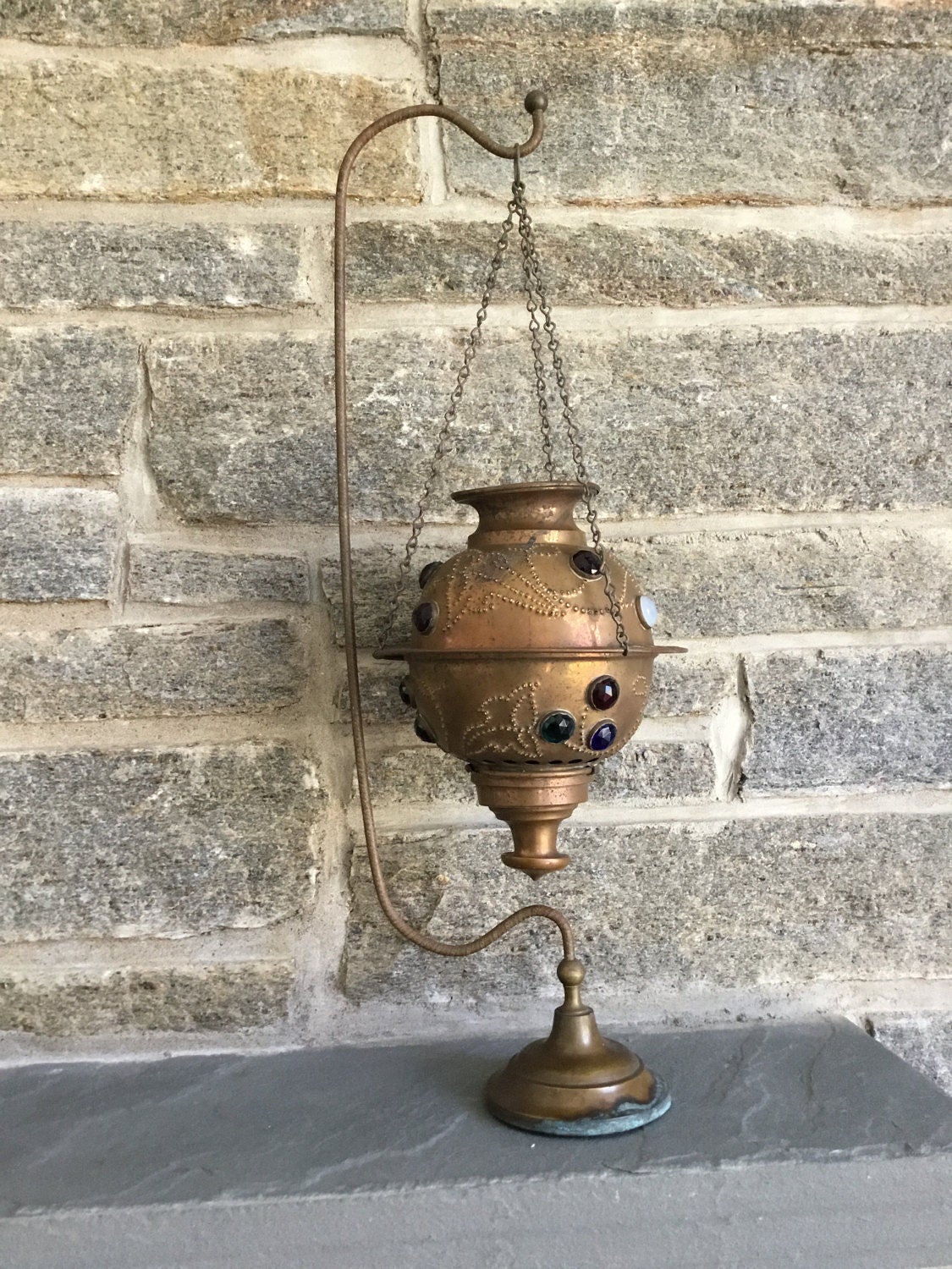 Antique Brass Jeweled Fairy Lamp & Hanger Stand Pierced