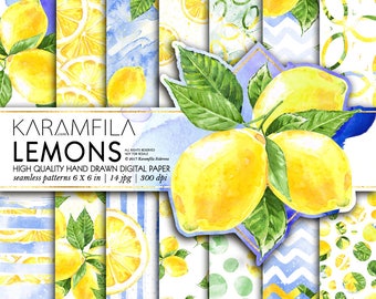 Lemons Digital Paper Summer Paper Watercolor Fruits Patterns Lemonade Watercolor Lemons Paper Tropical Fruits Planner Stickers Scrapbook DIY