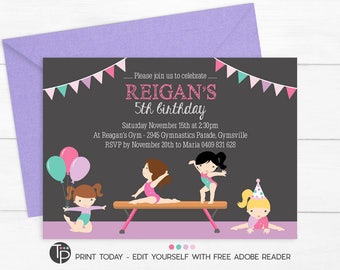 INSTANT DOWNLOAD GYMNASTICS Invitation, Gymnastics Invitations, Gymnastics Party Invitation, Gymnastics Party, Print yourself, Edit yourself
