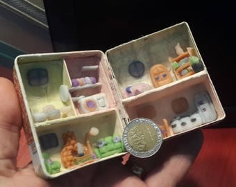 Dollhouse Miniature 1: 144 built inside a can. Tin stamped with picture of house, detailed furniture, 5 very beautiful rooms inside