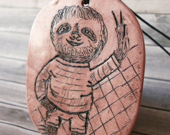 Sloth Necklace for Her, Cute Sloth, Sloth Artwork, Cartoon Smiling Sloth Jewelry, Gift for Girllfriend, Polymer Clay Charm, Christmas Gift