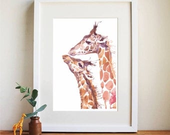 Watercolour Giraffe - Mummy and baby - Nursery Print