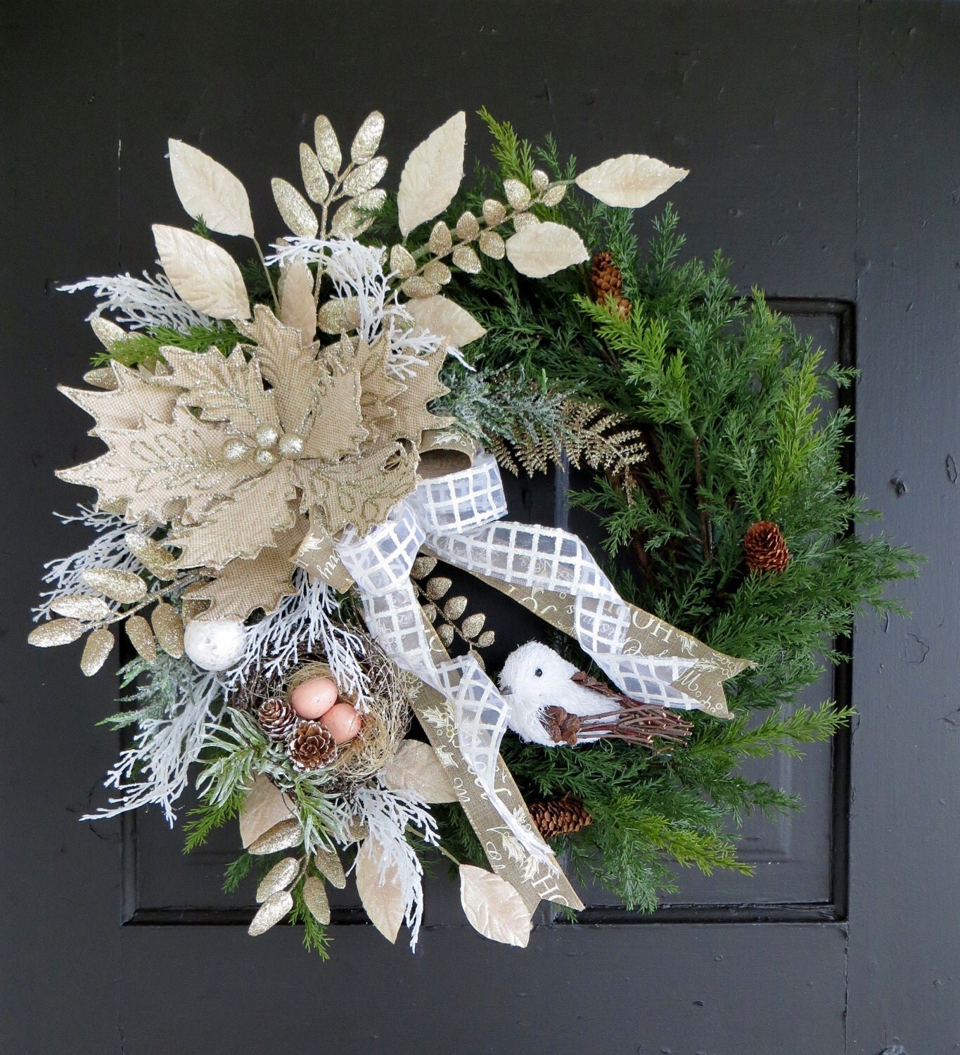 Golden Christmas Wreath with Birdnest Bird Poinsettia